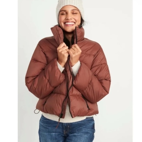 OLD NAVY Jacket Womens XL Brown Puffer Cropped Water Resistant Short Maple Quilt - Picture 3 of 15